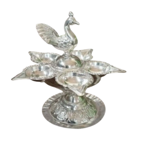German Silver Petal Peacock Diya For Pooja